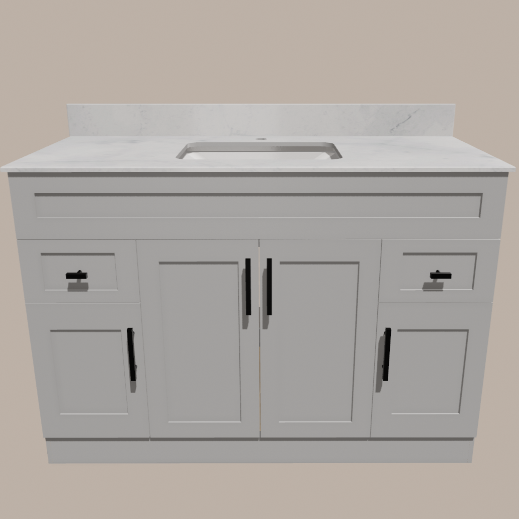 48-Inch Shaker Bathroom Vanity — White or Gray | Plywood Cabinet, Solid-Wood Doors, Soft-Close 3-Way Clip-On Hinges 