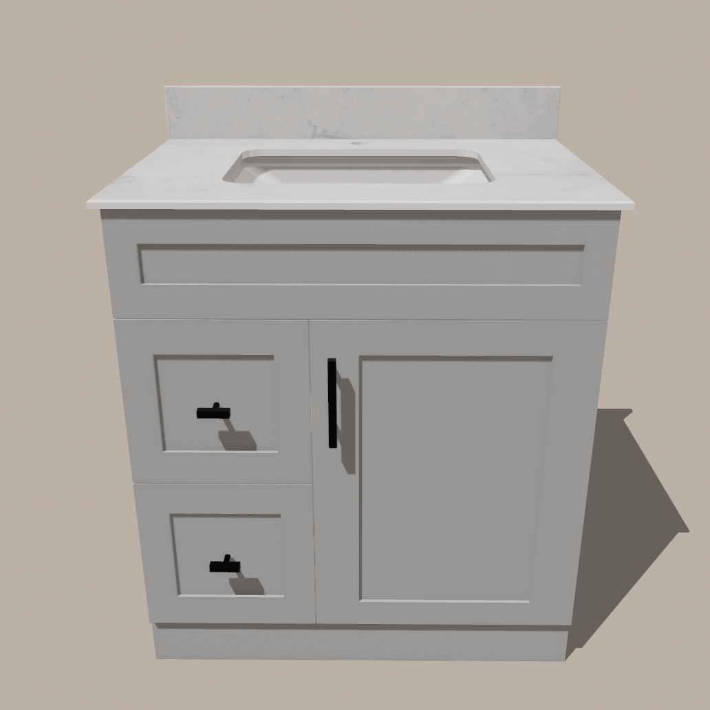 30-Inch Shaker Bathroom Vanity with Drawers — Left or Right | White or Gray | Plywood Cabinet, Solid-Wood Door, Soft-Close 3-Way Clip-On Hinges 