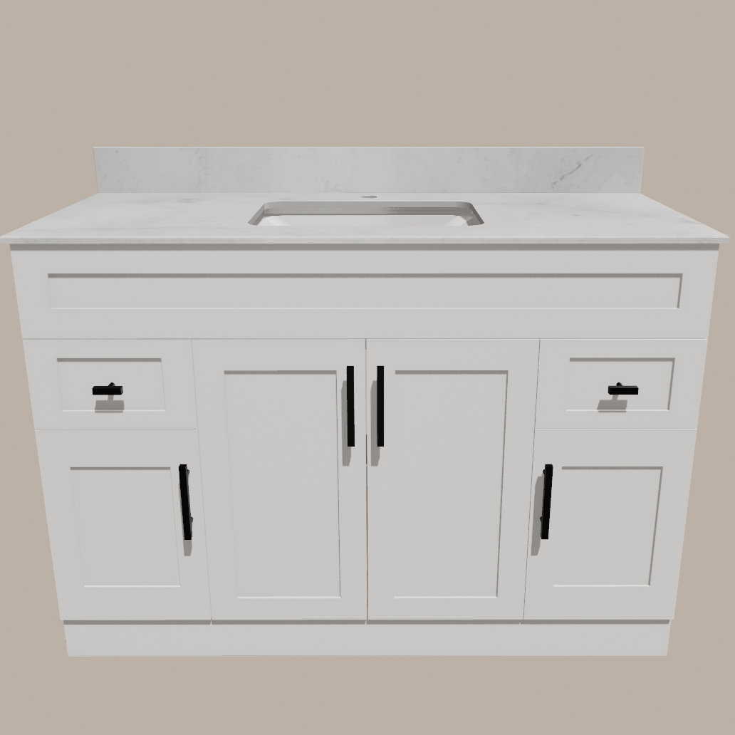 48-Inch Shaker Bathroom Vanity — White or Gray | Plywood Cabinet, Solid-Wood Doors, Soft-Close 3-Way Clip-On Hinges 