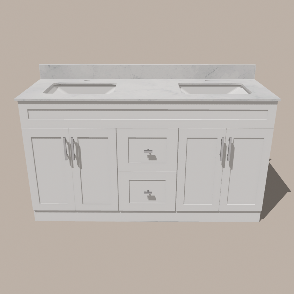 60-Inch Double Sink Shaker Bathroom Vanity — White or Gray | Plywood Cabinet, Solid-Wood Doors, Soft-Close 3-Way Clip-On Hinges | Center Drawers 