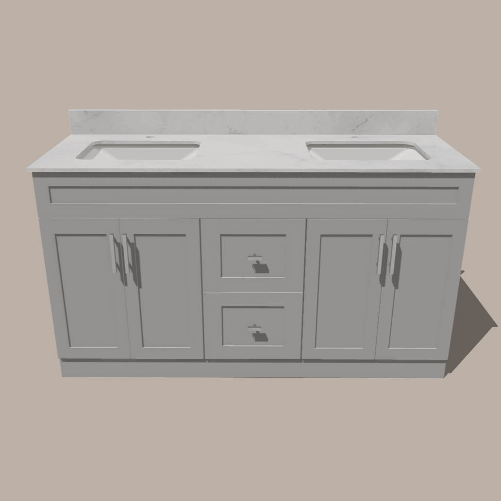 60-Inch Double Sink Shaker Bathroom Vanity — White or Gray | Plywood Cabinet, Solid-Wood Doors, Soft-Close 3-Way Clip-On Hinges | Center Drawers 