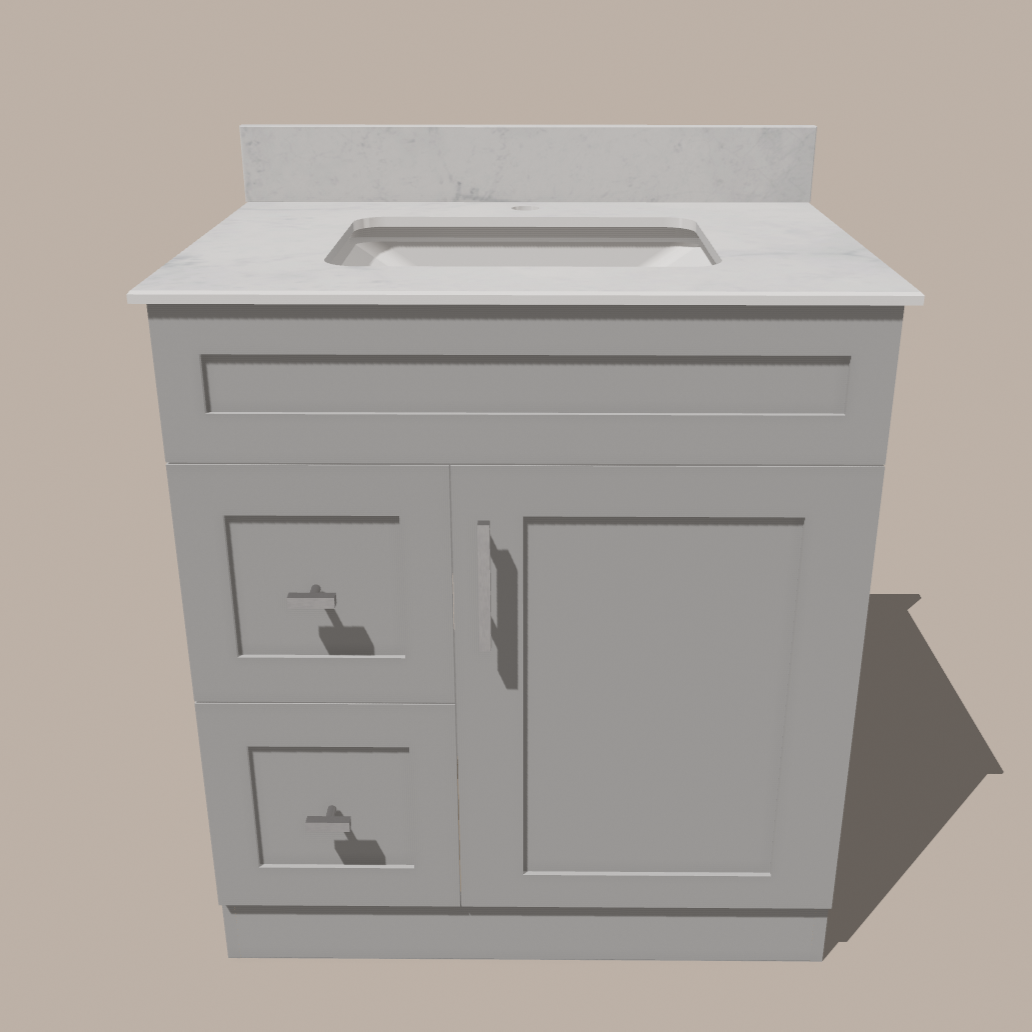 30-Inch Shaker Bathroom Vanity with Drawers — Left or Right | White or Gray | Plywood Cabinet, Solid-Wood Door, Soft-Close 3-Way Clip-On Hinges 