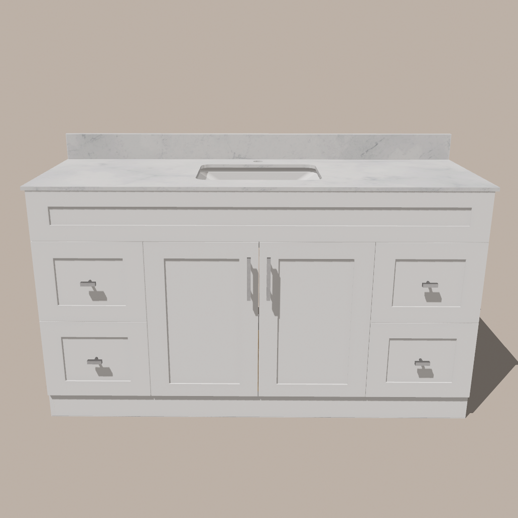 60-Inch Single Sink Shaker Bathroom Vanity — White or Gray | Plywood Cabinet, Solid-Wood Doors, Soft-Close 3-Way Clip-On Hinges | 4 Drawers, Center Double Doors 