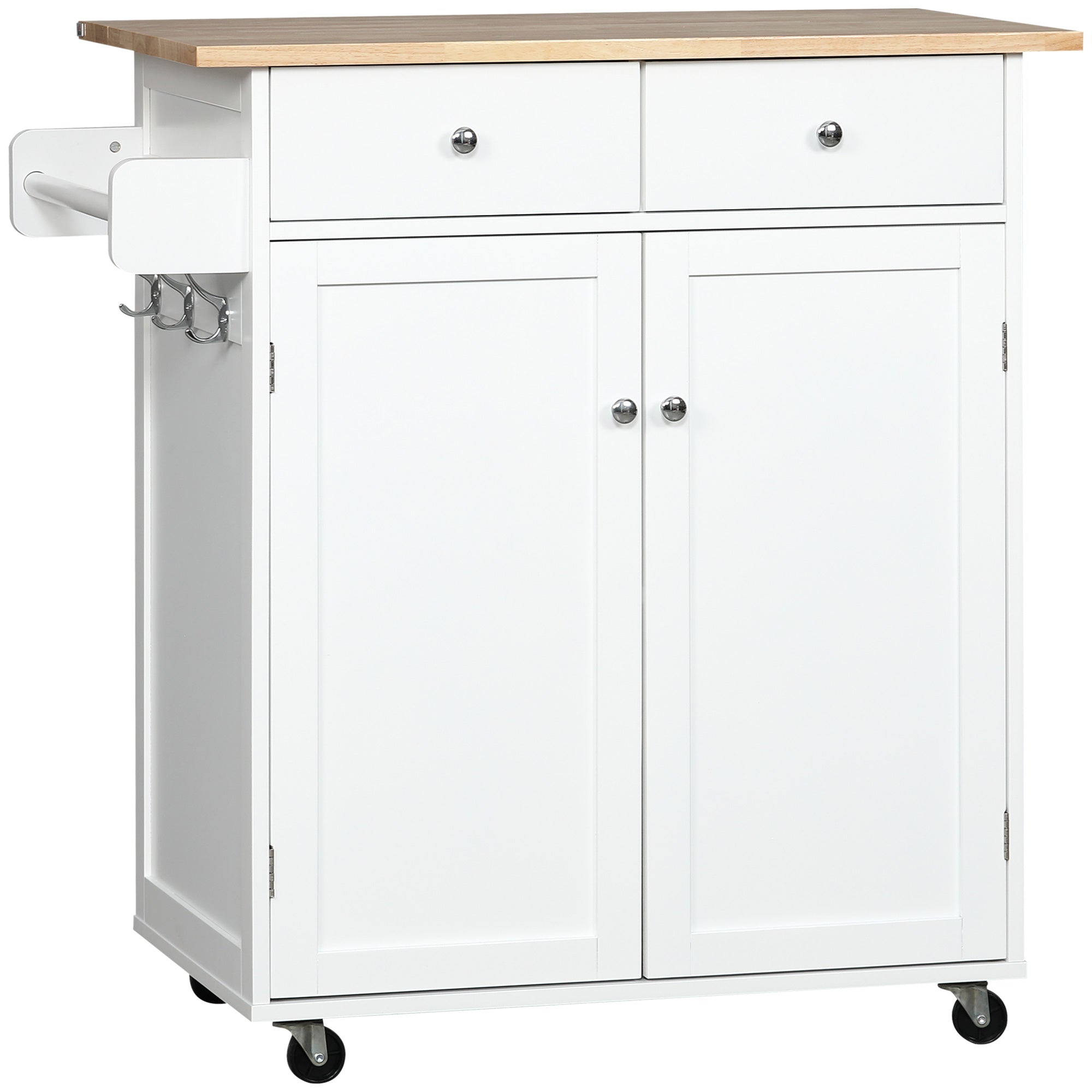 HOMCOM Mobile Culinary Companion: Rolling Kitchen Island Cart with Rubber Wood Top, Towel Rack, Storage Drawers, White Finish 