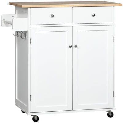 HOMCOM Mobile Culinary Companion: Rolling Kitchen Island Cart with Rubber Wood Top, Towel Rack, Storage Drawers, White Finish 
