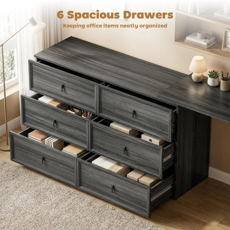 L Shaped Computer Desk Home Office Desk with 6 Drawers Black Wood Grain