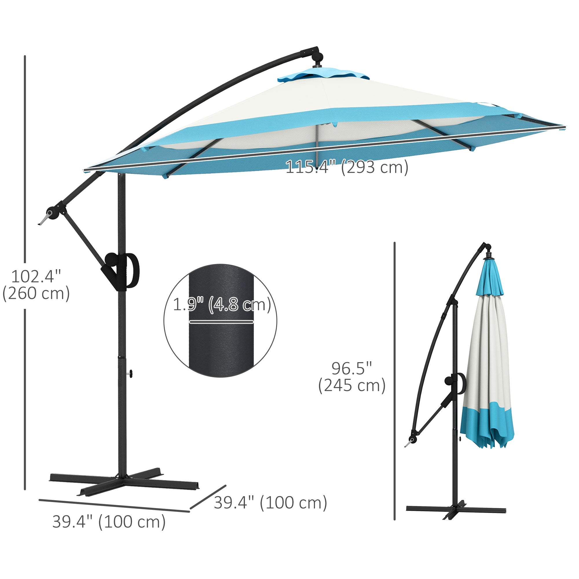 Outsunny 10 FT Cantilever Umbrella, Round Hanging Offset Umbrella with Crank, Tilt and Cross Base for Garden, Backyard, Blue 