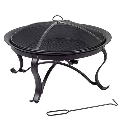 30-inch Round Steel Outdoor Fire Pit with Mesh Cover and Poker in Bronze - Free Shipping 