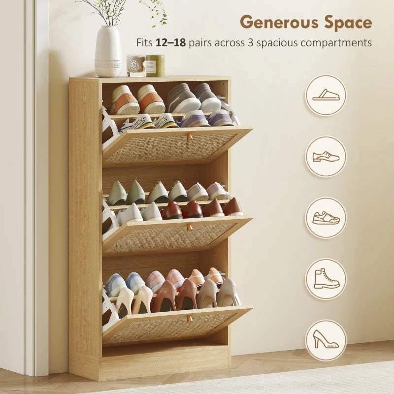 Rattan Shoe Storage Cabinet with 3 Flip Drawers and Adjustable Shelves, Entryway Shoe Cabinet for 18 Pairs, Oak