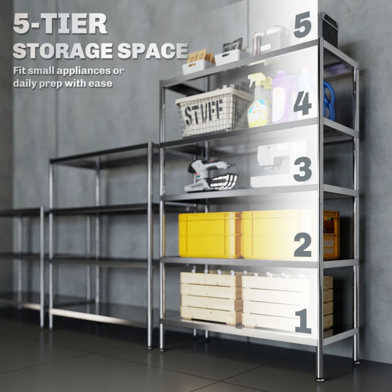 Bakers Rack, 5-Tier Stainless Steel Kitchen Storage Shelf with Adjustable Heights for Spices, Pots and Pans, Silver