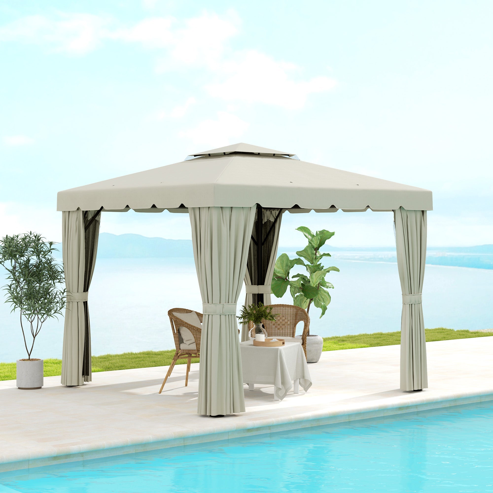 Outsunny 10' x 10' Outdoor Patio Gazebo Double Soft-top Garden Shelter Tent with Curtains, & Mesh Screen Drapes, Cream White 