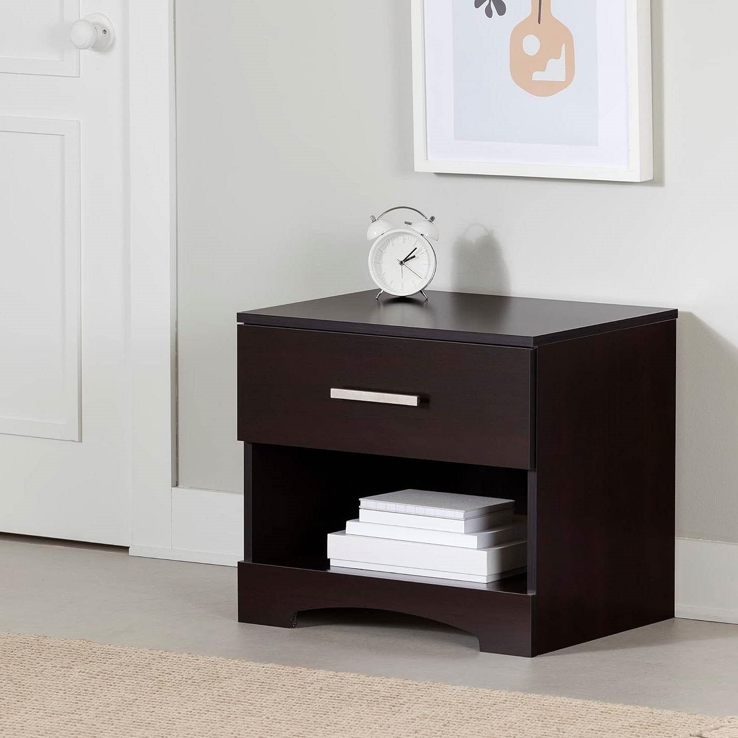 Modern 1 Drawer Nightstand End Side Table Storage in Dark Brown - Free Shipping