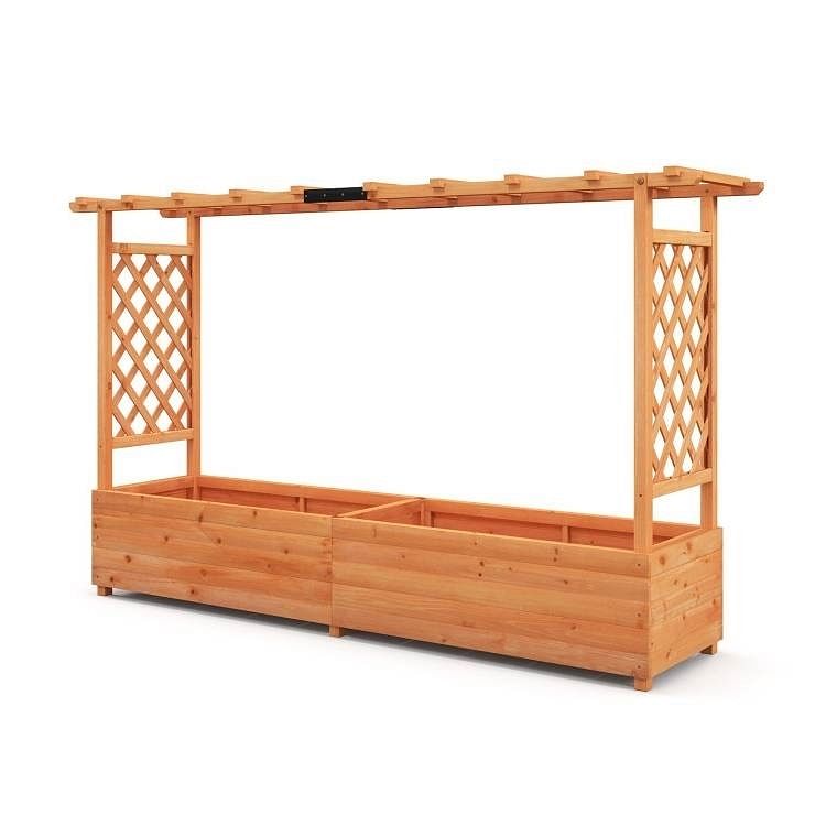 Solid Fir Wood Rectangle Raised Garden Bed with Side Trellis - Free Shipping