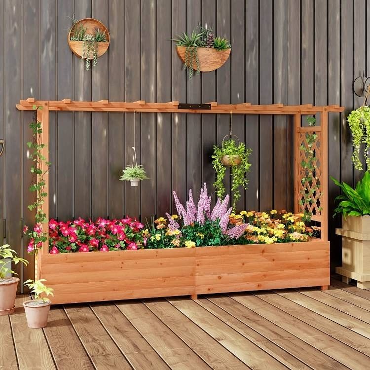 Solid Fir Wood Rectangle Raised Garden Bed with Side Trellis - Free Shipping