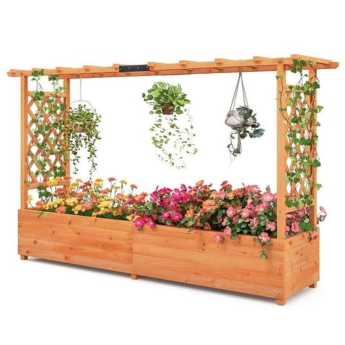 Solid Fir Wood Rectangle Raised Garden Bed with Side Trellis - Free Shipping