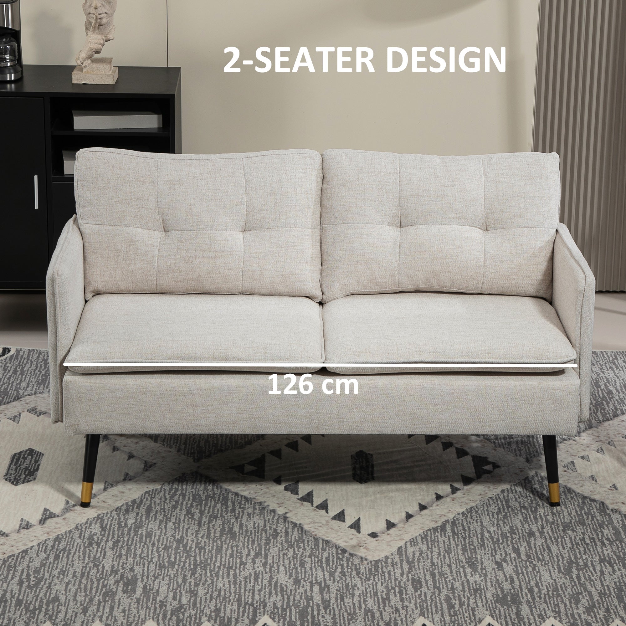 HOMCOM Loveseat Sofa 55" Cream White Button Tufted Fabric Steel Legs Bedroom Living Room 