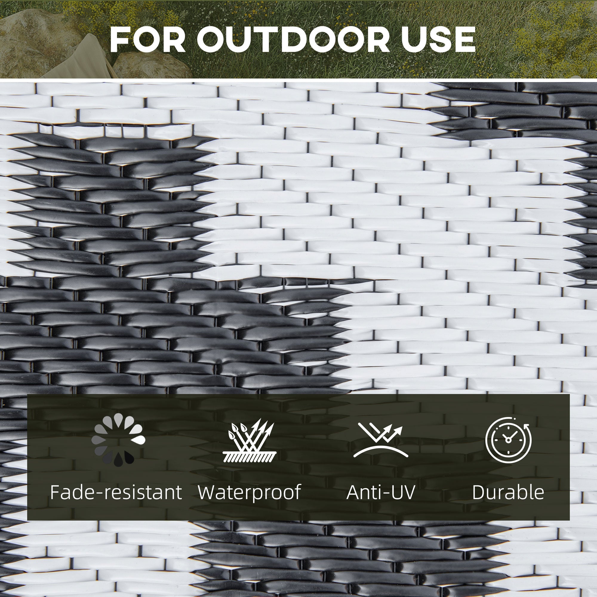 Outsunny Reversible Outdoor RV Rug, Patio Floor Mat, 6' x 9' Plastic Straw Rug for Backyard, Deck, Beach, Camping, Black & White 