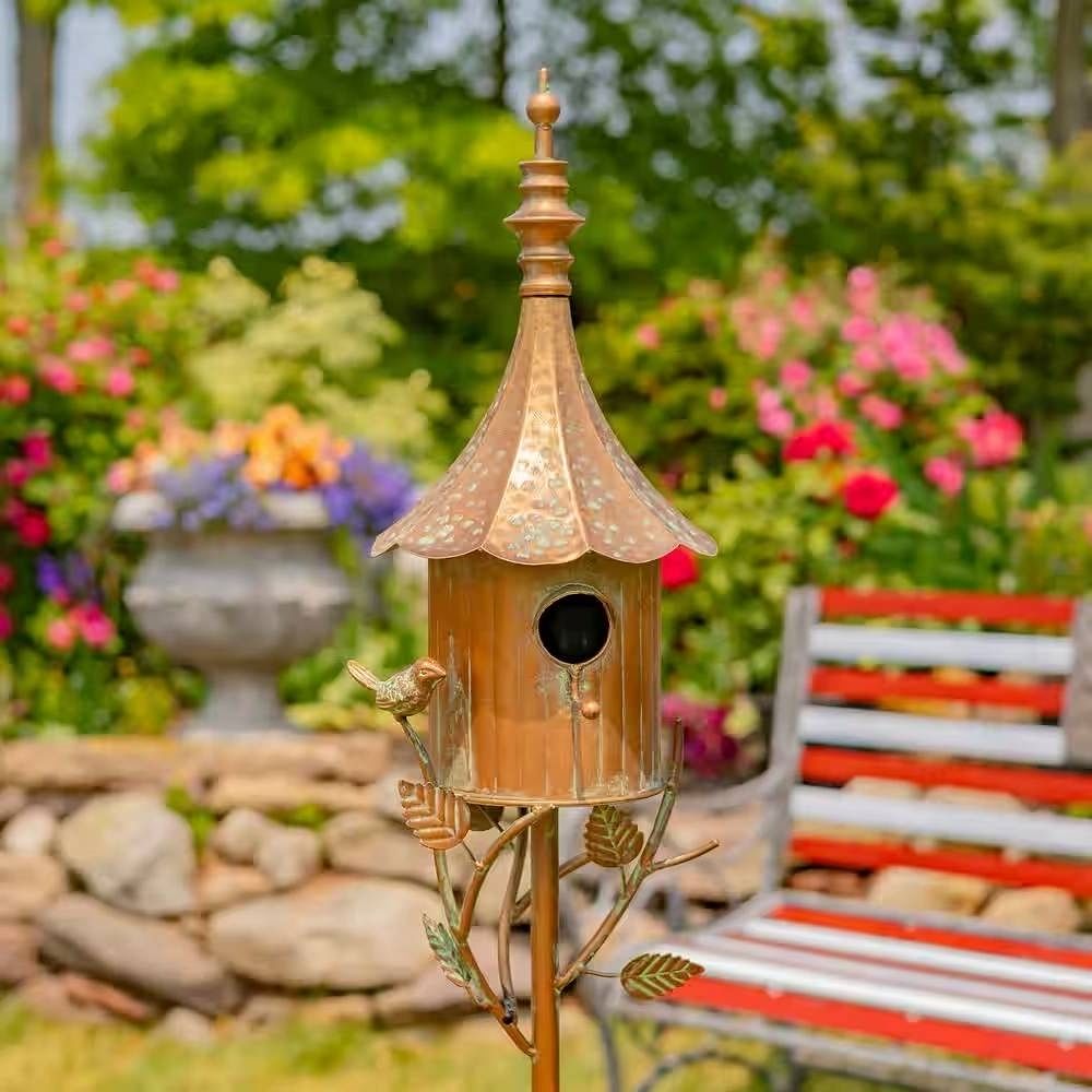 Outdoor Copper Finish Iron Gramophone Roof Birdhouse with Garden Stake - Free Shipping 