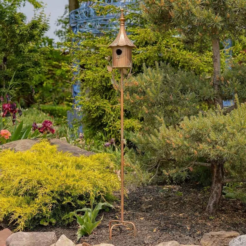 Outdoor Copper Finish Iron Gramophone Roof Birdhouse with Garden Stake - Free Shipping 