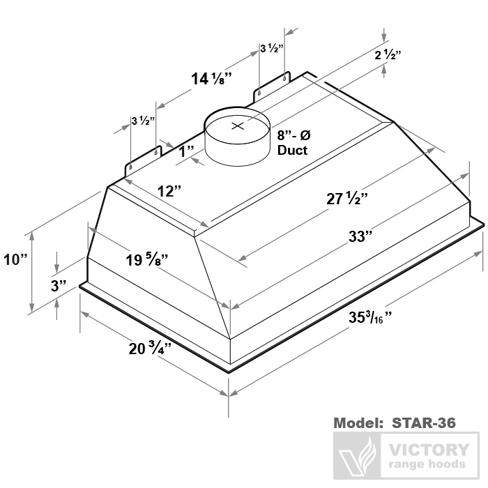 36 Inch 900 CFM Range Hood Insert with Double Blower - VICTORY Star 