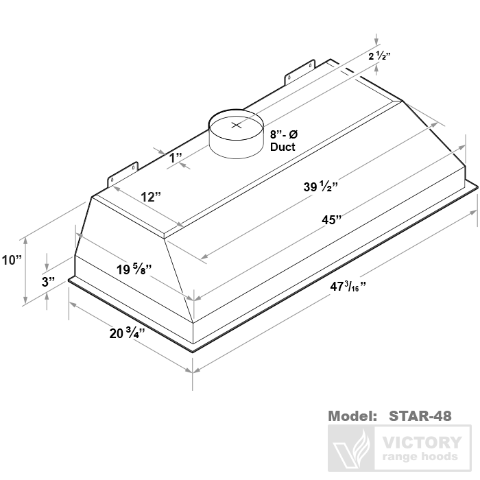 48 inch 900 CFM Range Hood Insert - VICTORY Star (Double blower) 