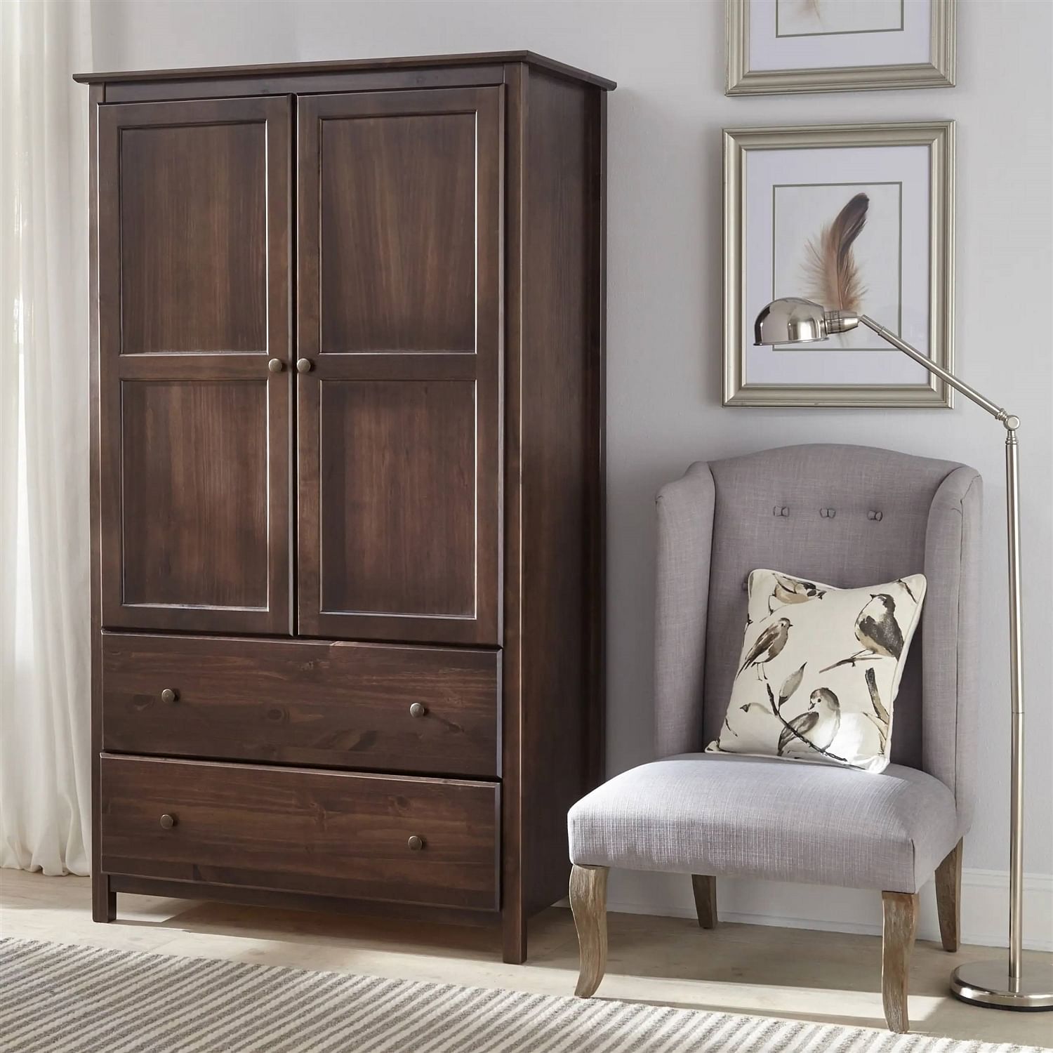 Brown Espresso Solid Wood Bedroom Armoire Wardrobe Cabinet with Hanging Bar - Free Shipping 