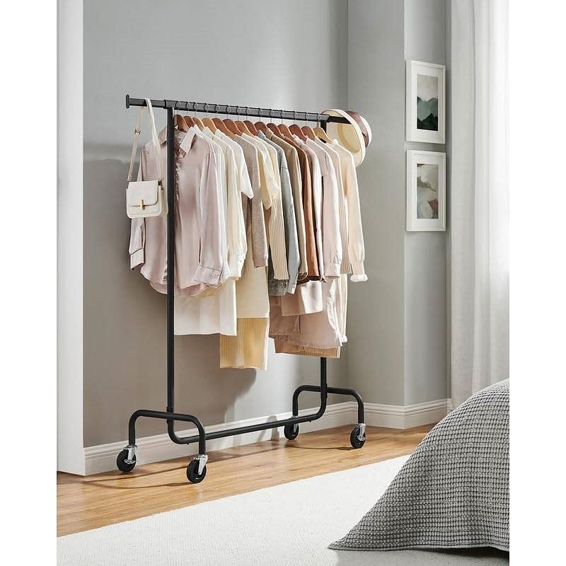Matte Black Heavy Duty Metal Garment Rack Clothes Hanging Bar on Wheels - Free Shipping 