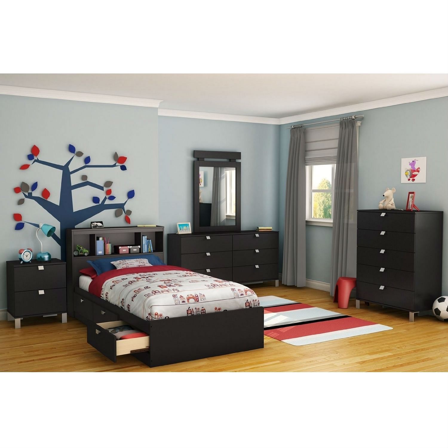 Twin size Platform Bed with 3 Storage Drawers in Black Finish - Free Shipping