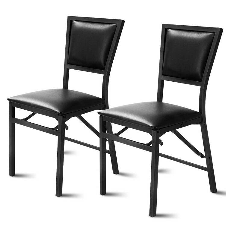 Set of 2 - Modern Black Metal Folding Dining Chairs with PU Leather Seat Cushion - Free Shipping