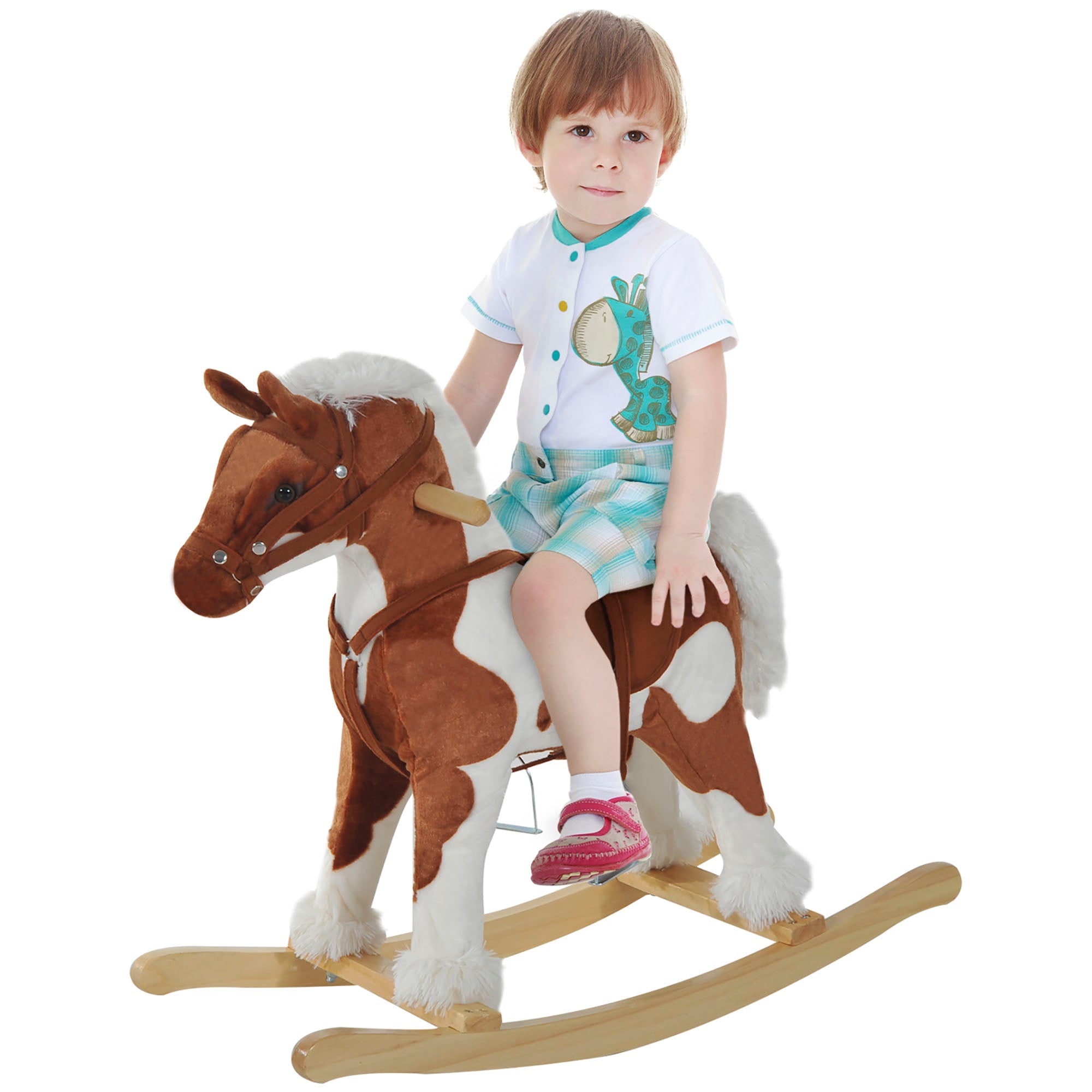 Qaba Kids Metal Plush Ride-On Rocking Horse Chair Toy w/ Nursery Rhyme Music - Light Brown / White 