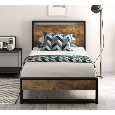 Twin size Metal Wood Platform Bed Frame with Industrial Headboard - Free Shipping 