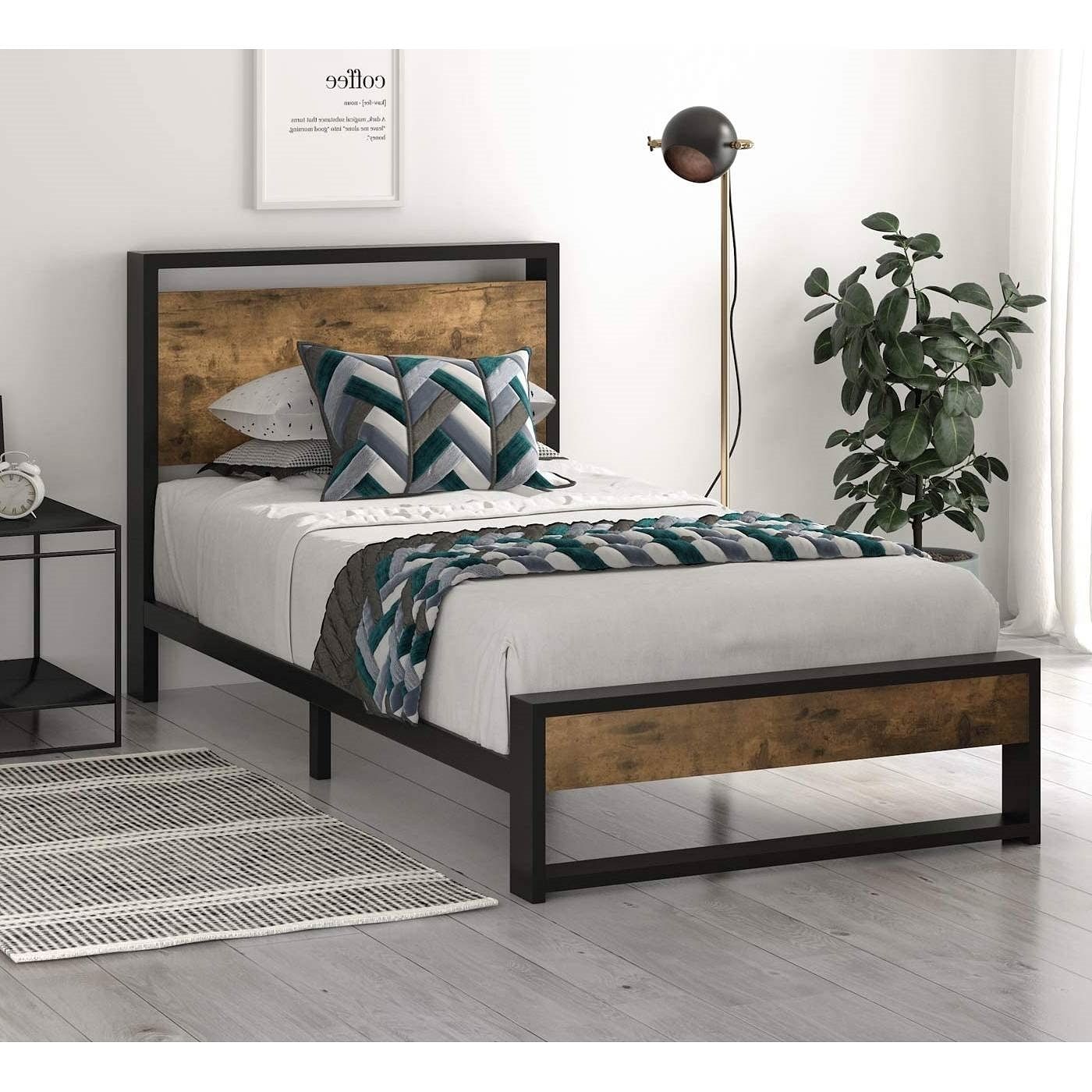 Twin size Metal Wood Platform Bed Frame with Industrial Headboard - Free Shipping