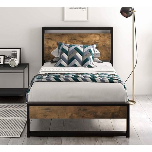 Twin size Metal Wood Platform Bed Frame with Industrial Headboard - Free Shipping