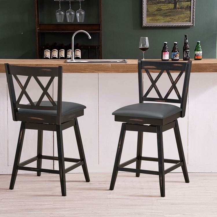 Set of 2 Black Wood 24-in Counter Height Farmhouse Swivel Cushion Seat Barstools - Free Shipping 