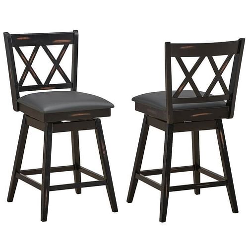 Set of 2 Black Wood 24-in Counter Height Farmhouse Swivel Cushion Seat Barstools - Free Shipping 