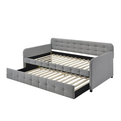 Gray Tufted Polyester Linen Twin Daybed with Trundle - Free Shipping 