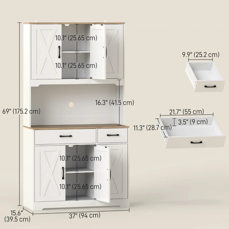 Tall Kitchen Pantry, 6 Doors, 2 Drawers, Adjustable Shelves & Worktop, Rustic Storage Cabinet for Living Room White