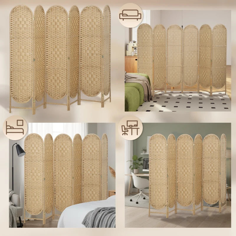 Bohemian Privacy Screen, Folding Room Divider with 6 Panels and Arched Top for Bedroom Living Room Office, Natural Wood