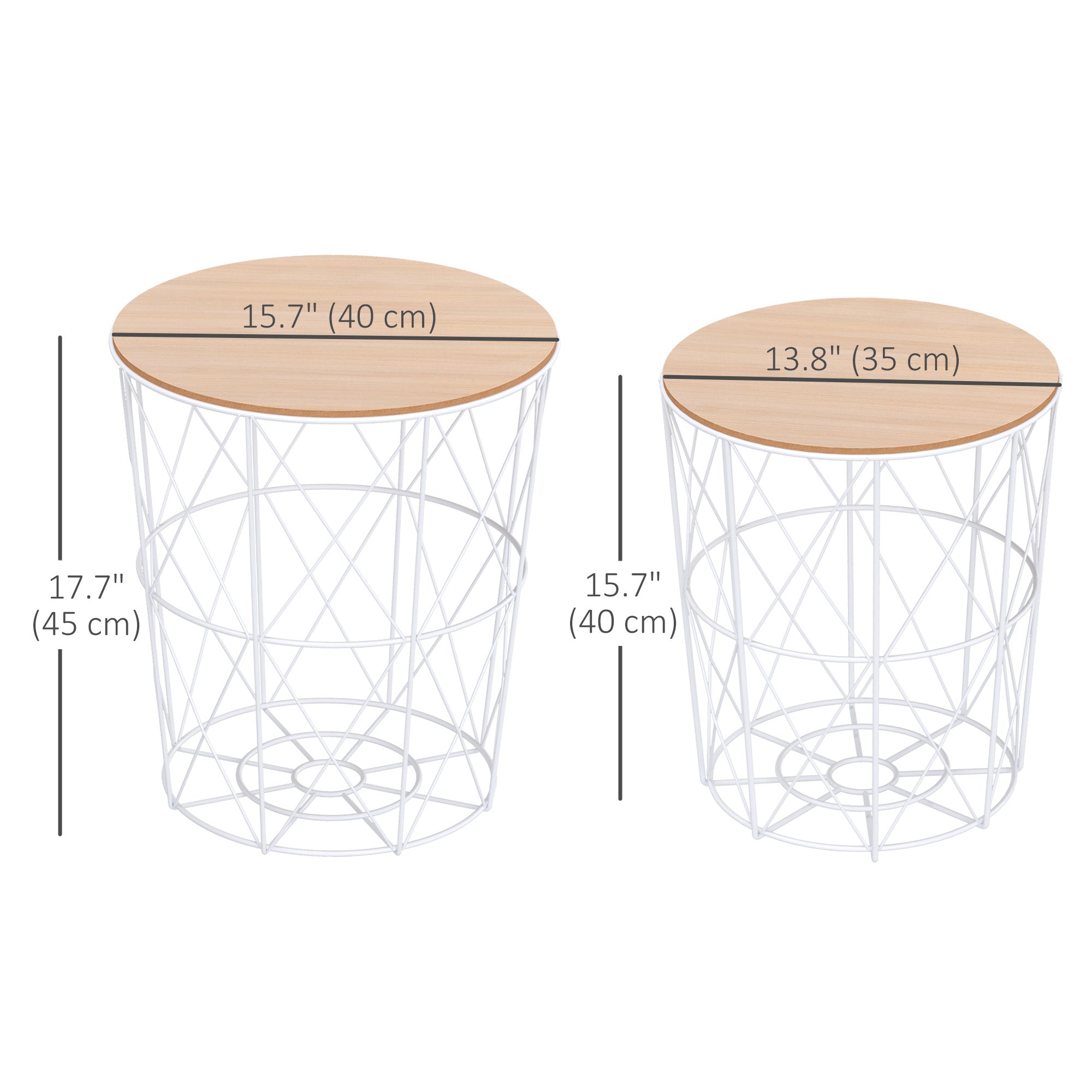HOMCOM Nesting Coffee Table Set: 2 Round Metal Wire Baskets in White & Natural Finish 