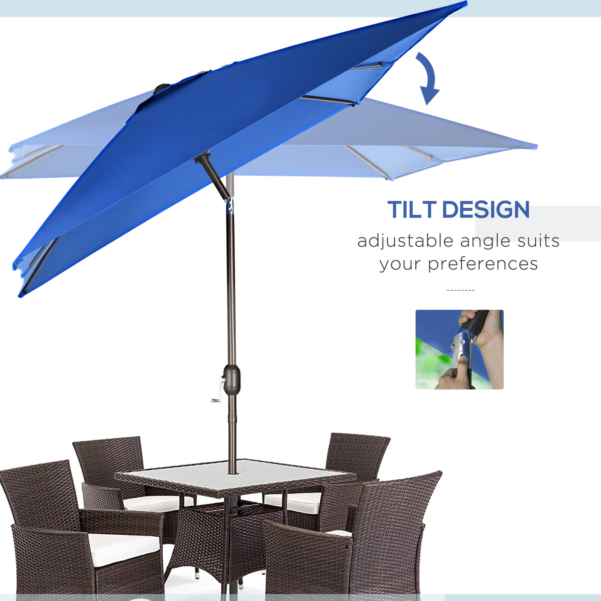 Outsunny Rectangle Patio Umbrella: 6.5x10ft Aluminum Tilt Outdoor Sunshade Canopy with Crank, Dark Blue 