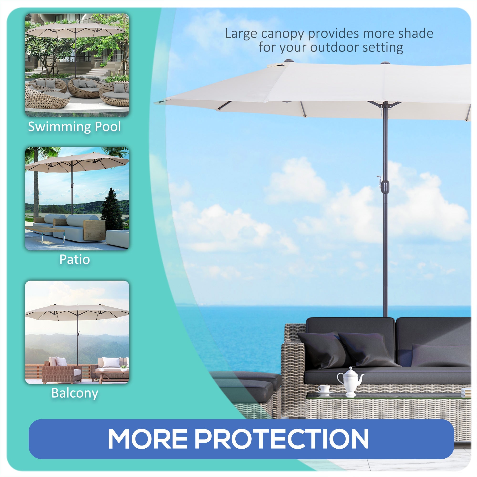 Outsunny 15ft Beige Twin Canopy Patio Umbrella Outdoor Sunshade with Steel Table Lift Crank for Spacious Shade 