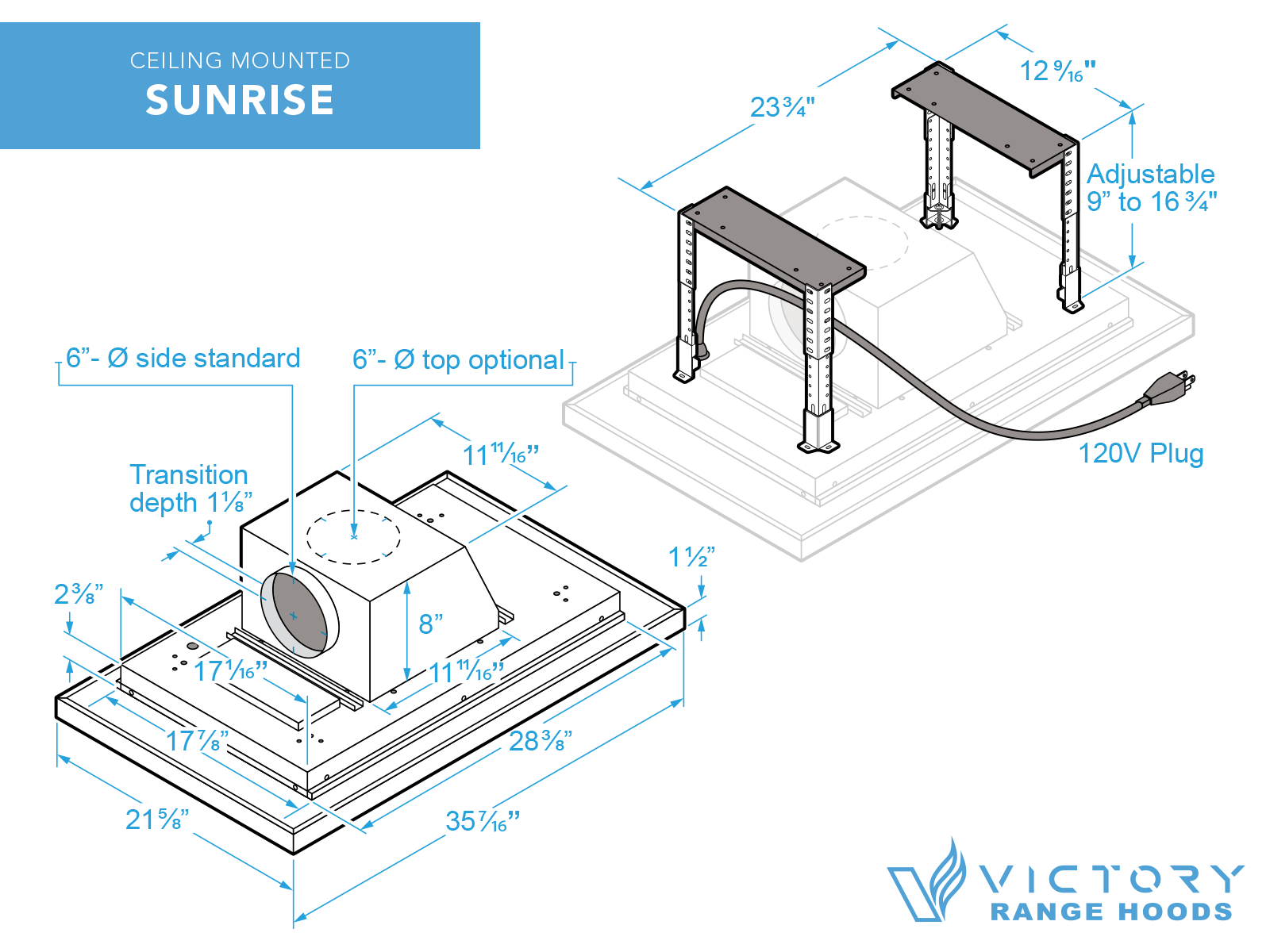 600 CFM Ceiling Mount Range Hood with Remote - VICTORY Sunrise 