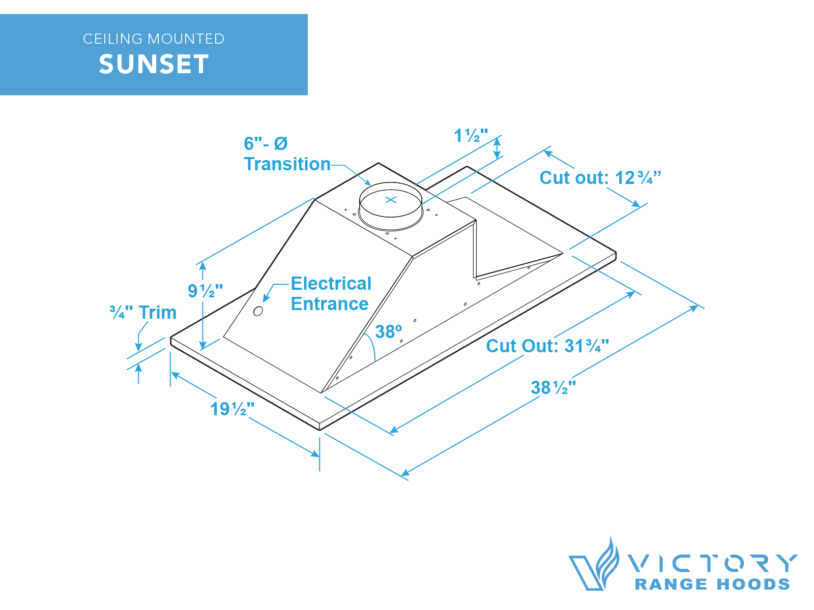 600 CFM Black Flush Ceiling Mount Range Hood - VICTORY Sunset 