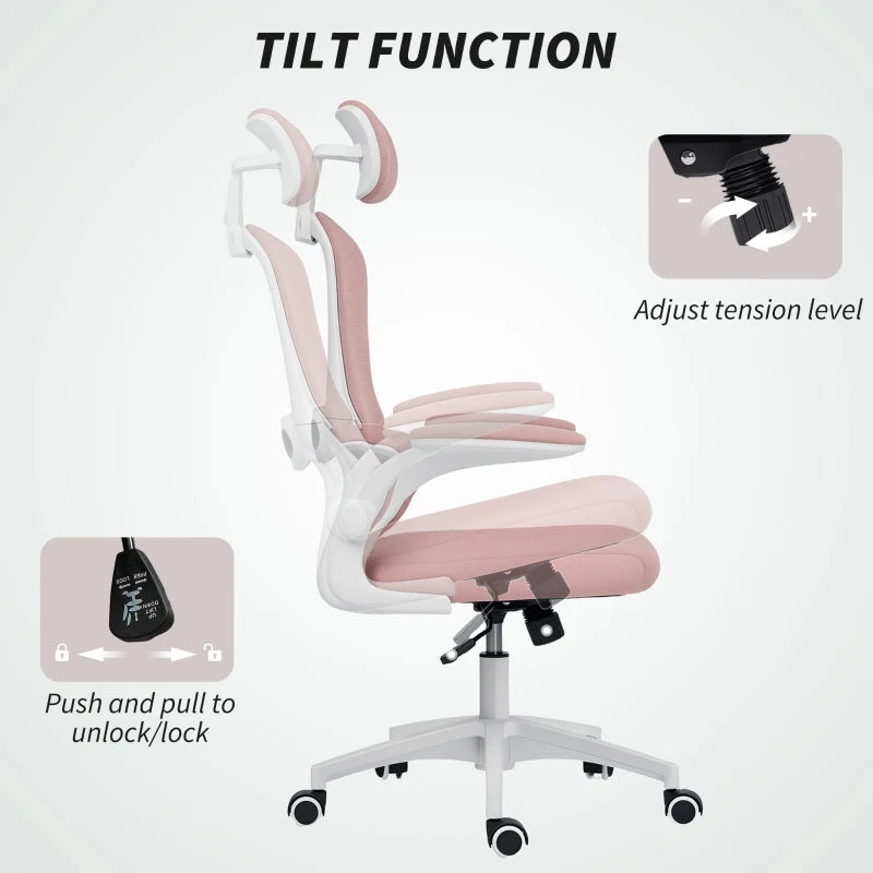 Ergonomic Mesh Office Chair, High Back Desk Chair with Rotatable Headrest, Flip-Up Armrests, Lumbar Support, Pink