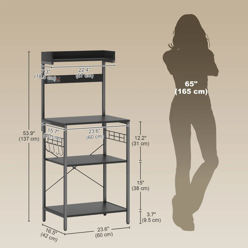 Kitchen Baker's Rack with Power Outlet, Coffee Bar Station with Adjustable Shelves and Hooks, Distressed Black