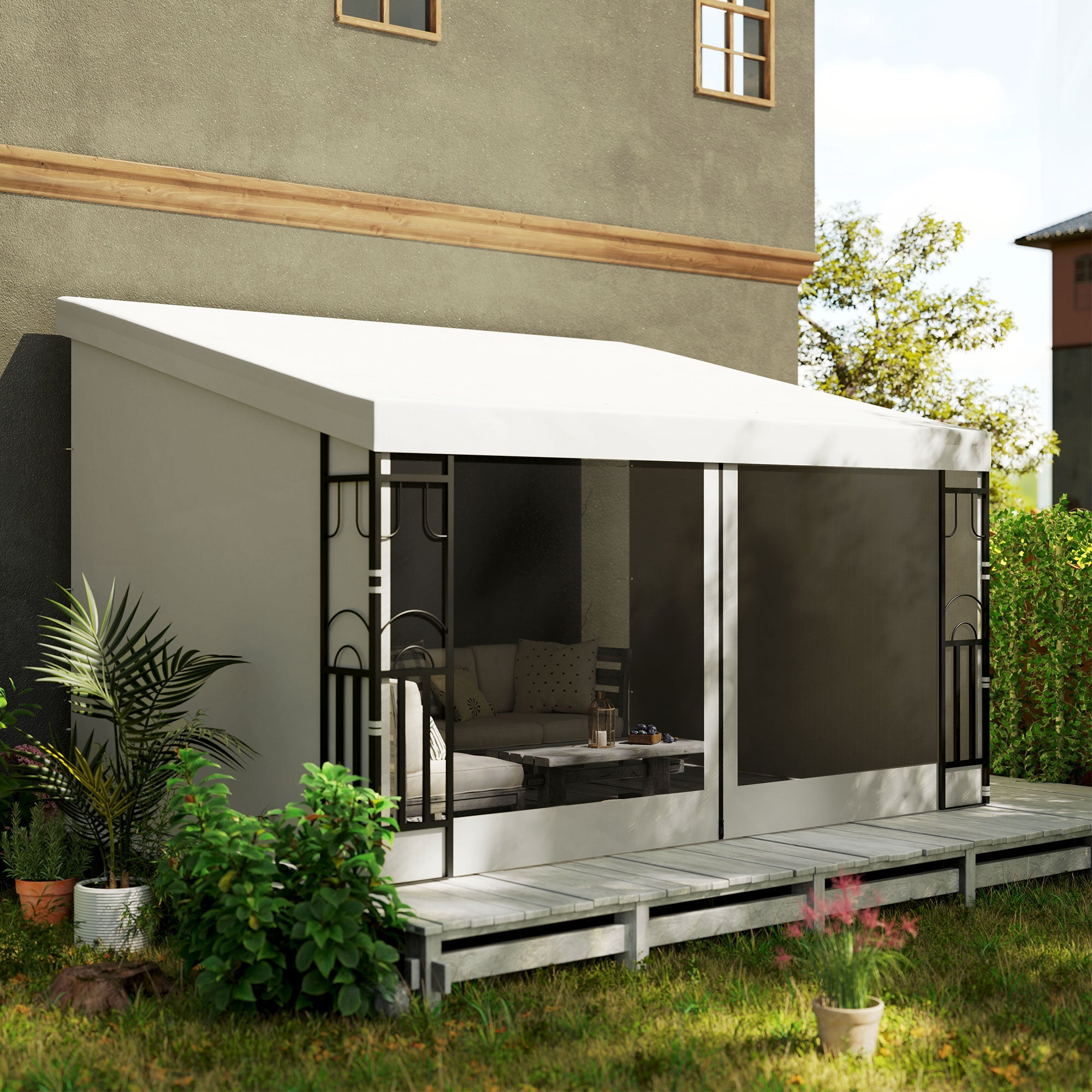Outsunny 10' x 13' Wall Pergola, Outdoor Gazebo with 2 Curtains and 2 Nettings, UV Resistant, for Patio, Deck,  Beige 