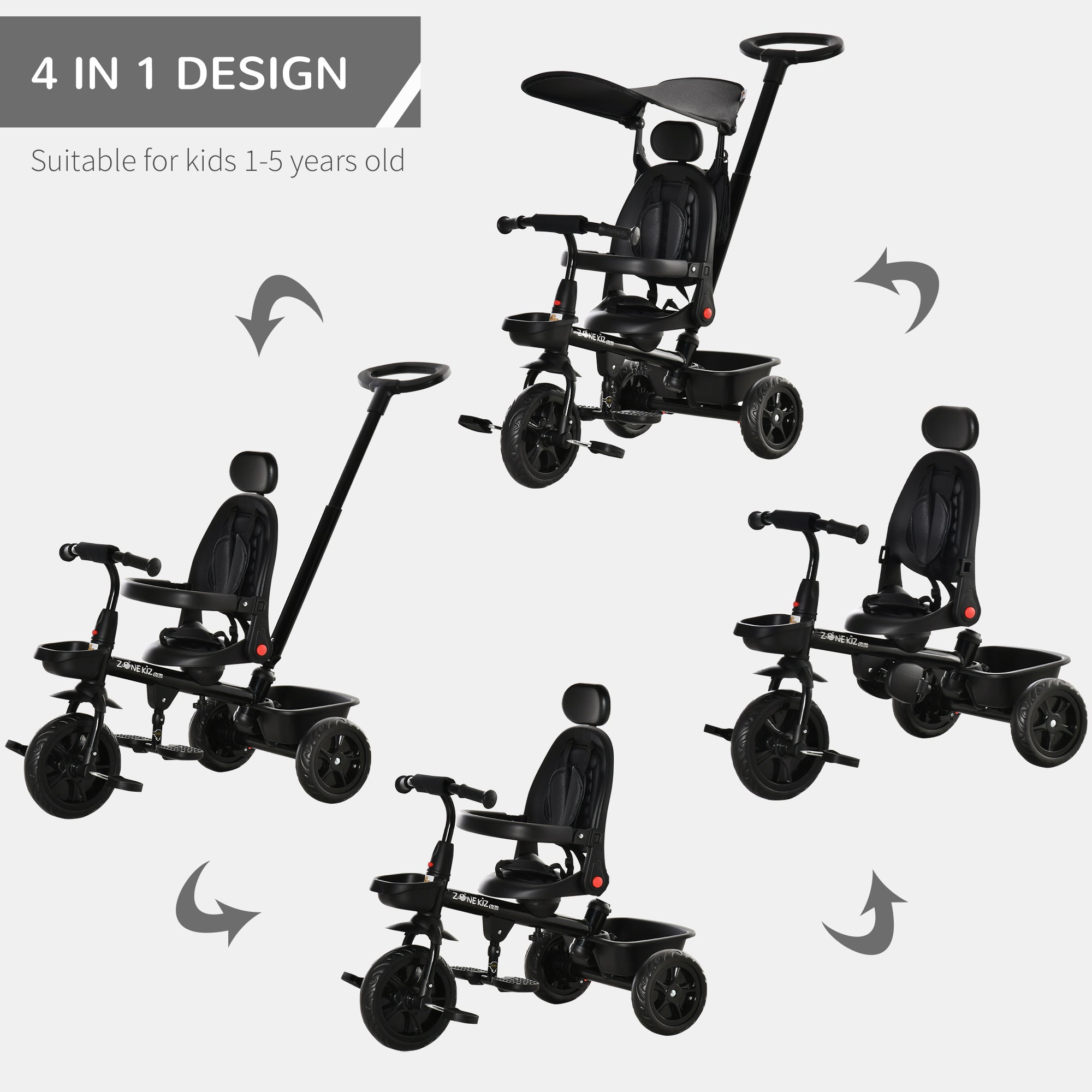 Qaba 4-in-1 Baby Tricycle Stroller with Reversible Seat, Adjustable Handle, Canopy, Safety Belt, Storage - Black 