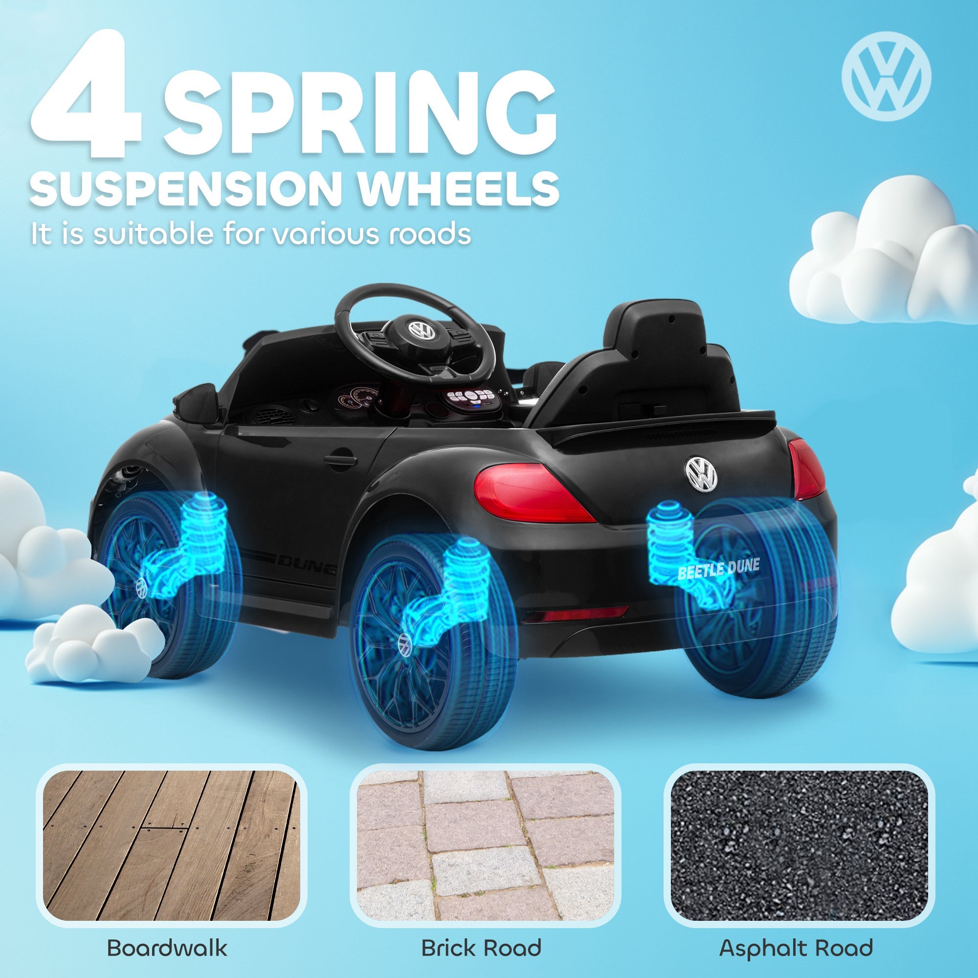 Qaba 12V Volkswagen Beetle Licensed Electric Car for Kids w/ Remote Control, 4 Spring Suspension Wheels, Soft Start, Black 