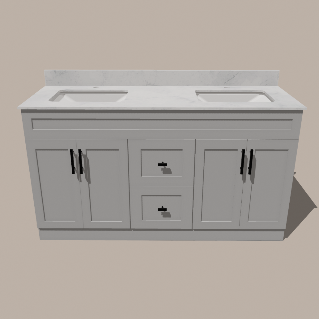 60-Inch Double Sink Shaker Bathroom Vanity — White or Gray | Plywood Cabinet, Solid-Wood Doors, Soft-Close 3-Way Clip-On Hinges | Center Drawers 