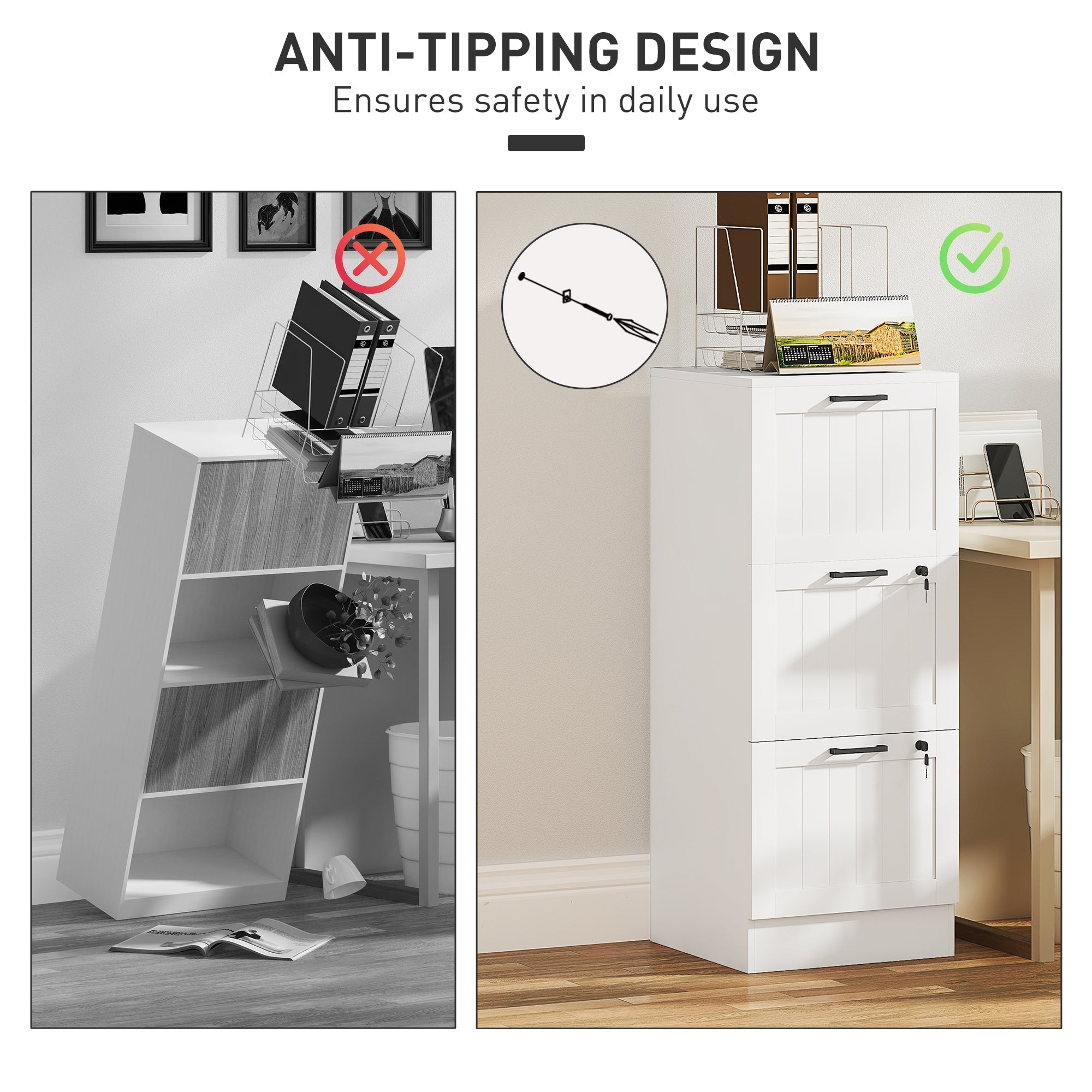 HOMCOM 3 Drawer Filing Cabinet with Lock, Office Storage Cabinet with Adjustable Hanging Bars for A4 Letter Size Files, White 